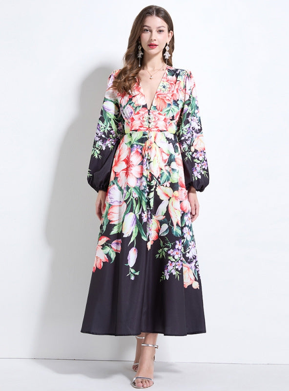 Retro Printed Breasted Puff Sleeve Dress