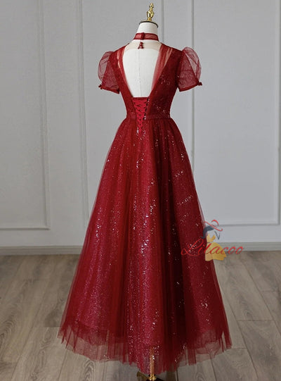 Burgundy Sequins Tulle Short Sleeve Prom Dress