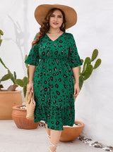 V-neck Short-sleeved Ruffled Printed Dress