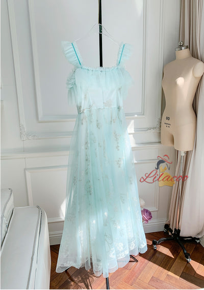 Embroidered Blue Backless Banquet Dress