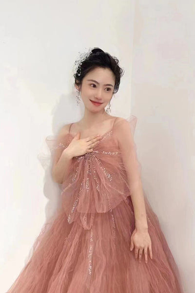 Pink Tulle Pleats Spaghetti Straps Prom Dress