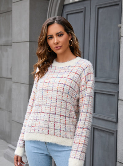 Spliced Round Neck Knitted Plush Top