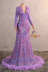 Purple V-neck Long Sleeve Feather Prom Dress