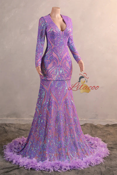 Purple V-neck Long Sleeve Feather Prom Dress