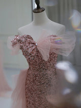 Pink Sequins Tulle Off the Shoulder Prom Dress