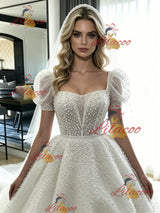 White Ball Gown Puff Sleeve Wedding Dress