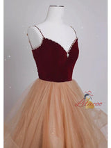 Champagne Tulle Burgundy Velvet Beading Prom Dress