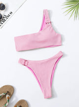Solid Color One-shoulder High Waist Bikini