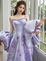 Purple Satin Strapless 3D Flower Prom Dress