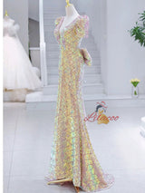 Pink Mermaid V-neck Short Sleeve Prom Dress