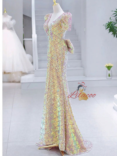 Pink Mermaid V-neck Short Sleeve Prom Dress
