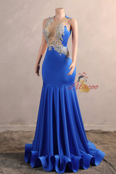 Sexy Royal Blue Mermaid Backless Beading Prom Dress
