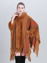 Colored Striped Fur Collar Fringed Shawl Cloak