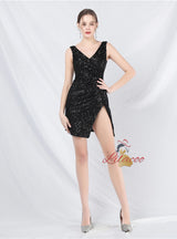 V-neck Sequins Split Short Prom Dress