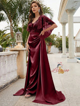 Burgundy Satin Sequins V-neck Prom Dress