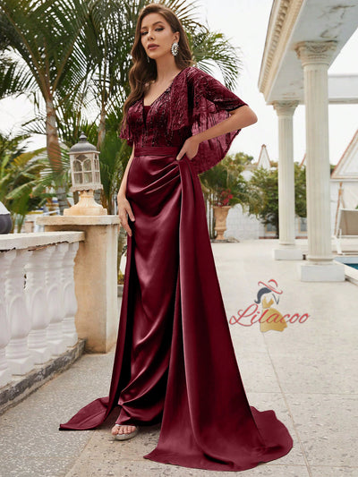 Burgundy Satin Sequins V-neck Prom Dress