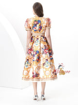 Long Printed Wrapped V-neck Dress