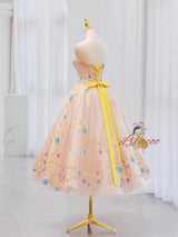 Champagne Tulle Sequins Tea Length Prom Dress