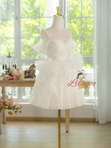 White Tulle Straps Pearls Homecoming Dress