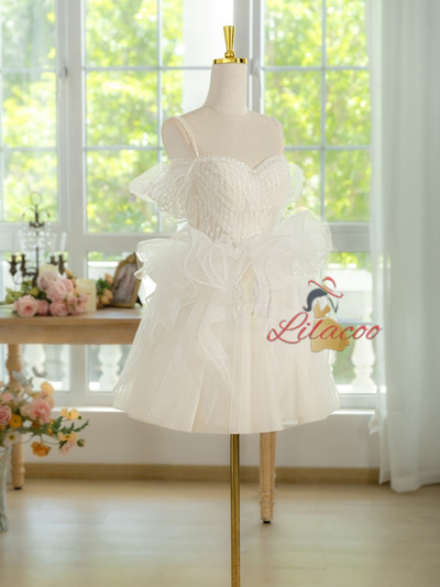 White Tulle Straps Pearls Homecoming Dress