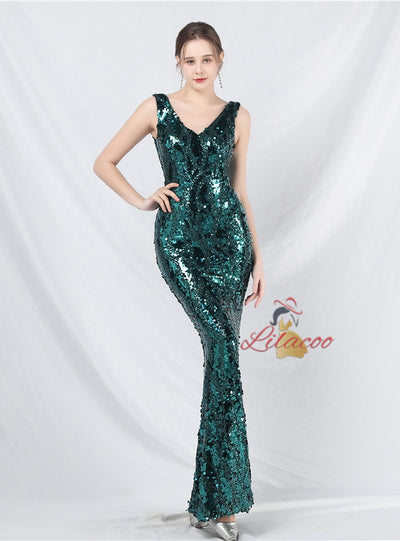 V-neck Mermaid Sequins Prom Dress