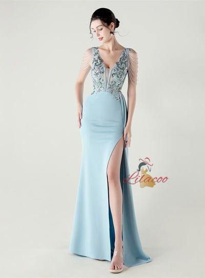 V-neck Appliques Split Beading Prom Dress