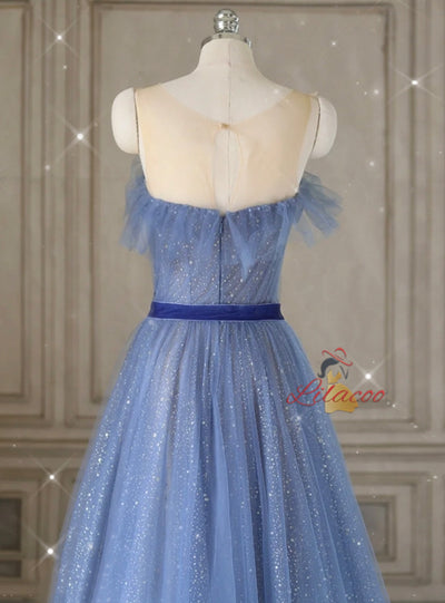Blue Tulle Sequins Prom Dress