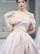 Pink Satin Tulle Pearls Prom Dress