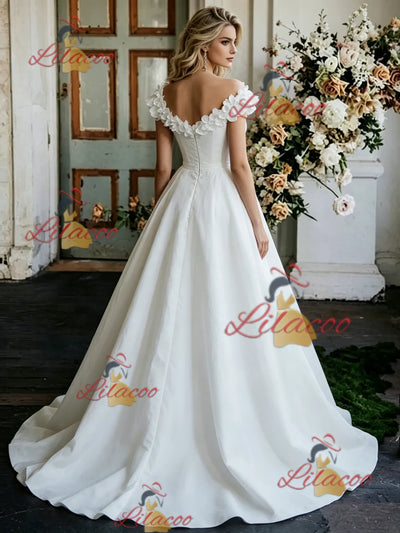 White Satin Flower Wedding Dress
