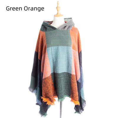 Plaid Pullover Cape Hooded Cape Shawl