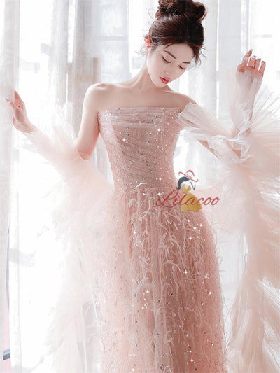 Pink Tulle Sequins Pleats Prom Dress