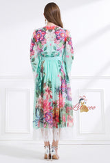 V-neck Long Sleeve Lace Print Suit Dress