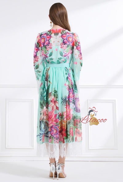 V-neck Long Sleeve Lace Print Suit Dress