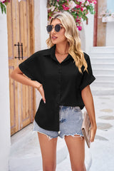 Solid Color Satin Lapel Button Short Sleeve Shirt