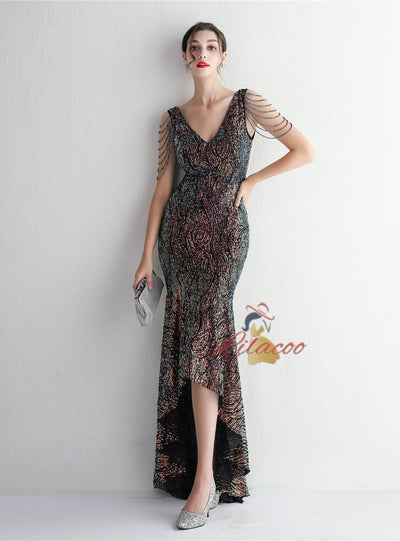 V-neck Sequins Hi Lo Beading Prom Dress