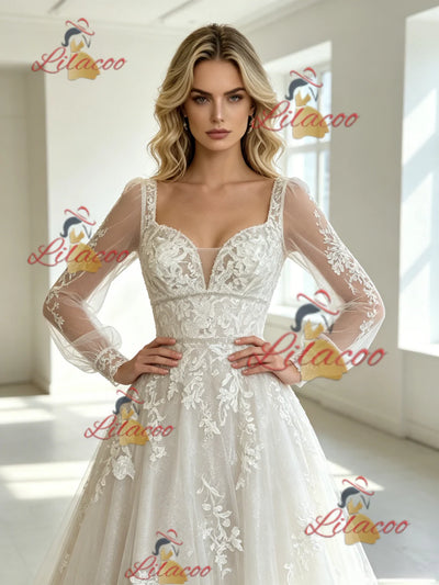 White Tulle Appliques Long Sleeve Wedding Dress