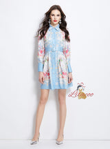 Retro Lapel Button Printed Dress