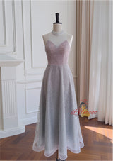 Gray Tulle Sequins Backless Prom Dress