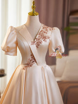 Champagne Satin Short Sleeve Backless Prom Dress