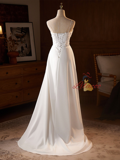 White Satin Strapless 3D Appliques Wedding Dress