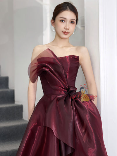 Burgundy Strapless Sleeveless Prom Dress