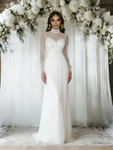White Sequins Long Sleeve High Neck Wedding Dress