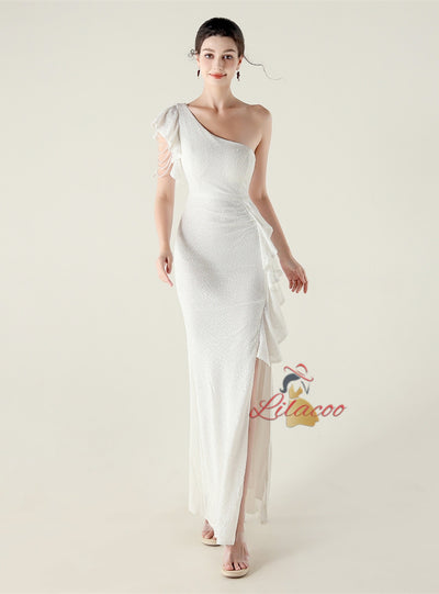 Mermaid One Shoulder Sequins Split Beading Prom Dress