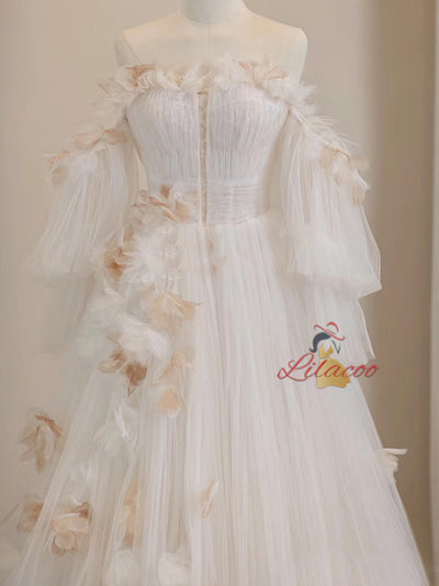 White Tulle Long Sleeve Pleats 3D Flower Prom Dress