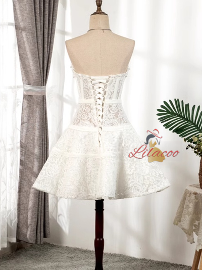 White Lace Strapless Pearls Homecoming Dress