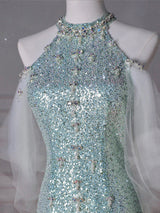 Green Mermaid Sequins Beading Backless Prom Dress
