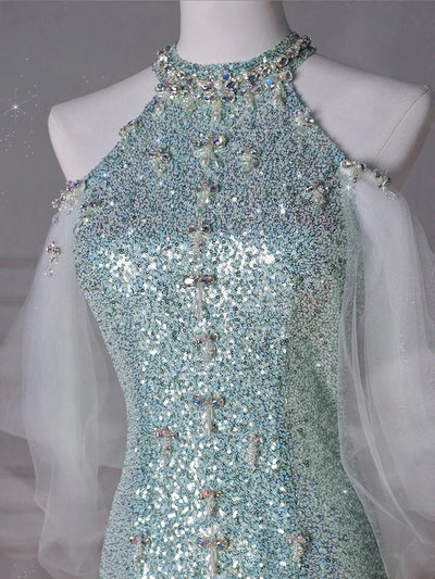 Green Mermaid Sequins Beading Backless Prom Dress