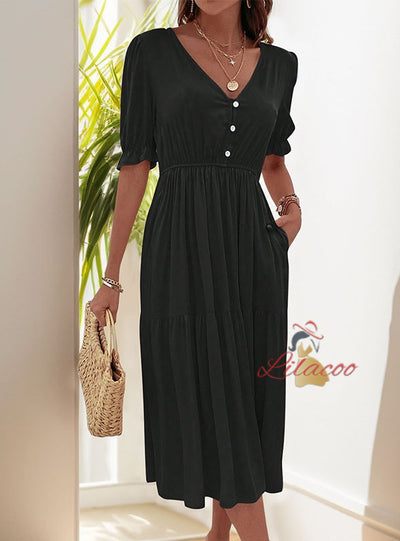 Casual Puff Sleeve Pleated V-neck Dress