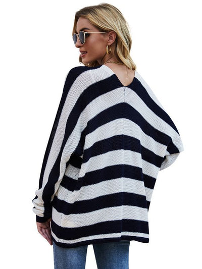 Bat Sleeve Knitted Loose Striped Coat