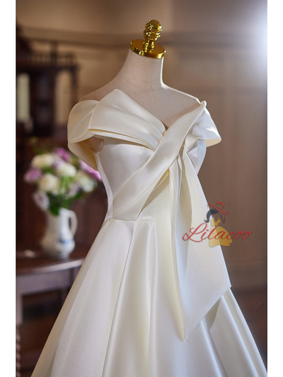 Ivory White Satin Pleats Off the Shoulder Wedding Dress